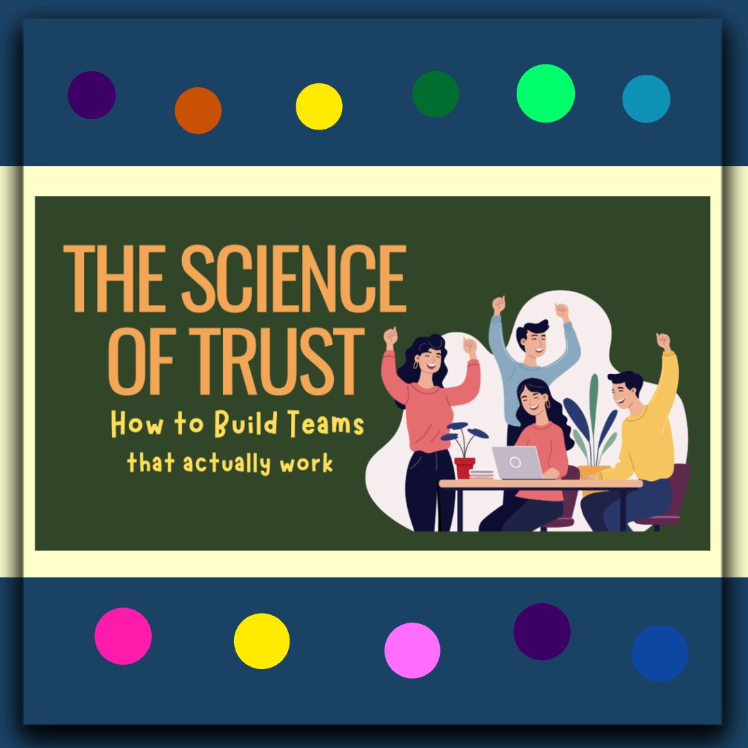 Illustration of a happy, diverse team celebrating success around a laptop with the title ‘The Science of Trust – How to Build Teams that Actually Work