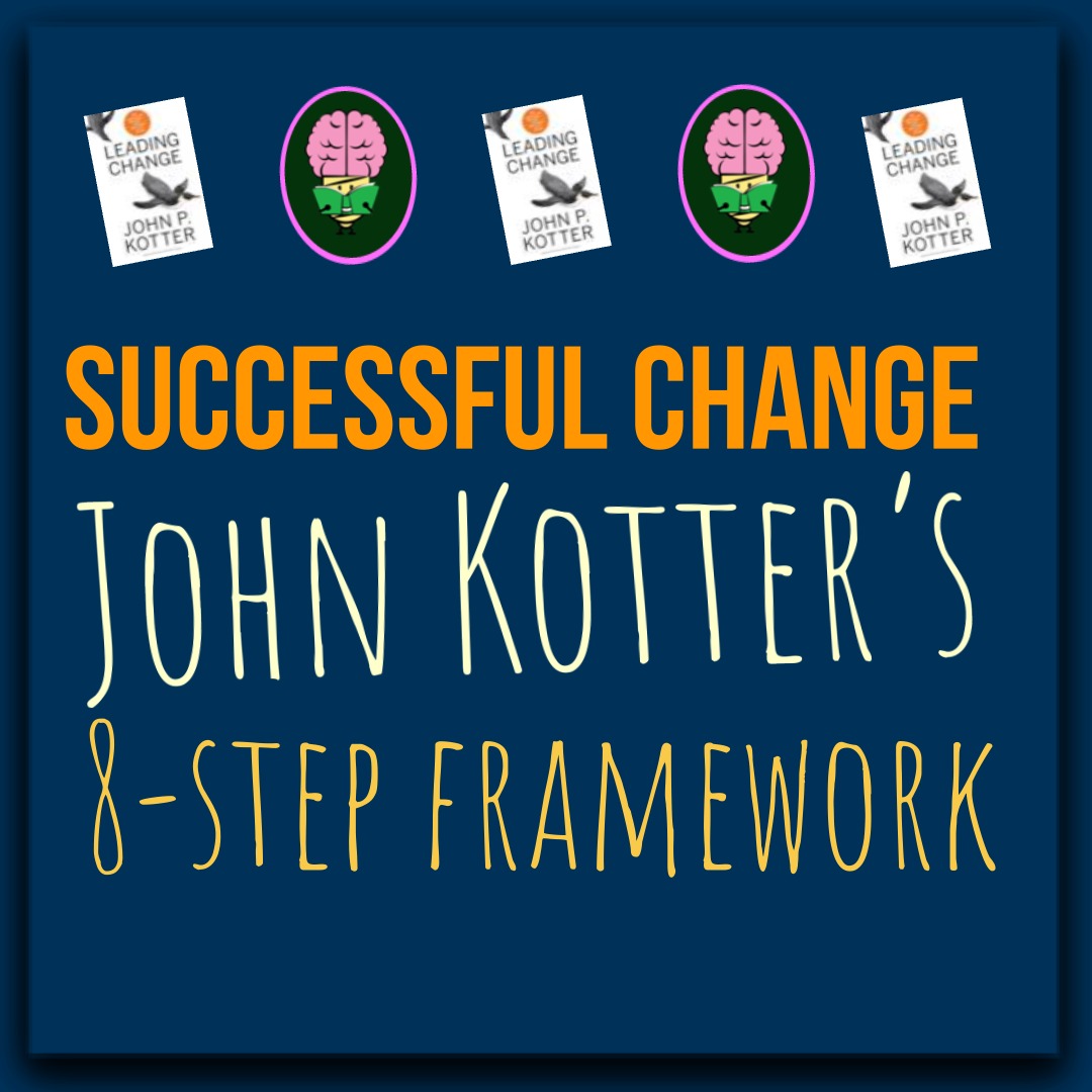 llustrated thumbnail with the text “Successful Change – John Kotter’s 8-Step Framework” on a dark blue background, featuring small icons of the book Leading Change and a brain reading.