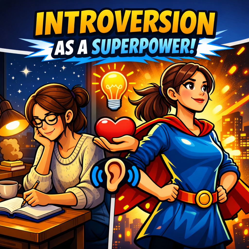 A split scene cartoon illustration showing a thoughtful woman writing at her desk on one side and her superhero version on the other, with the bold text “Introversion as a Superpower!” above. The image symbolizes how quiet reflection and empathy can be powerful traits.